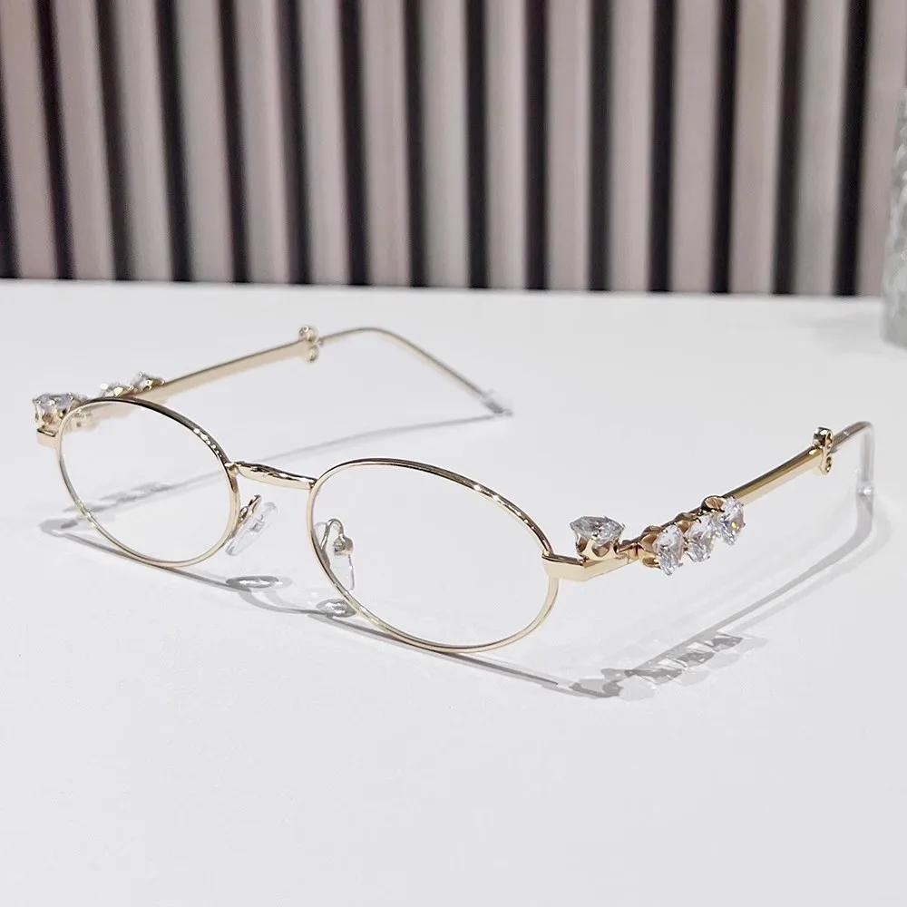 

Small Oval Rhinestone Glasses Frame for Women Metal Blue Light Blocking Glasses Japanese Men Retro Trendy Reading Y2K Eyeglasses золотой