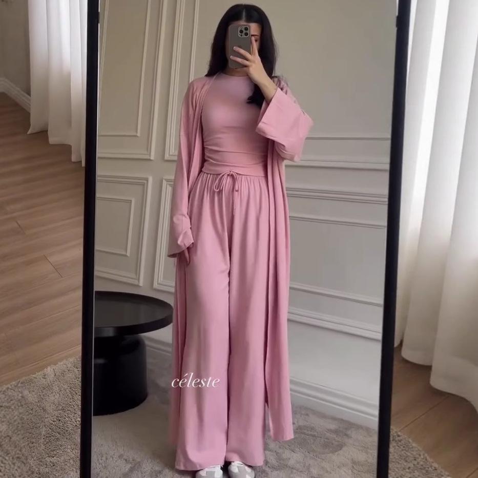 Autumn and Summer Season Comfortable and Versatile Commuting Daily Wide-leg Pants Waist and Thin Tight Top Jacket Three-piece Set
