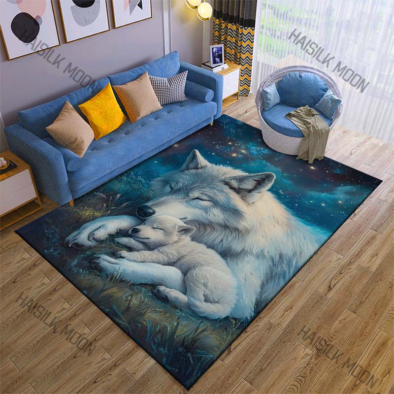 1PC mother wolf pup sleeping under stars Carpet for Living Room Bedroom Sofa Home Decor Rus Non-slip Floor Mat Luxury Gift