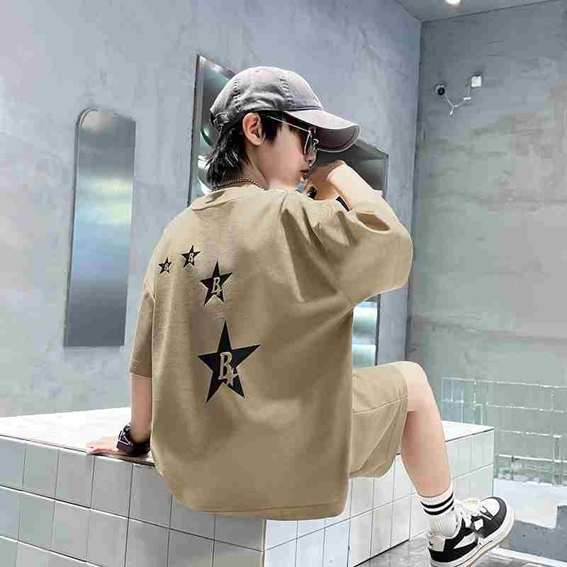 Boys' Summer Stylish Set Medium-Large Kids' Short-Sleeve Top + Shorts Casual Two-Piece Set