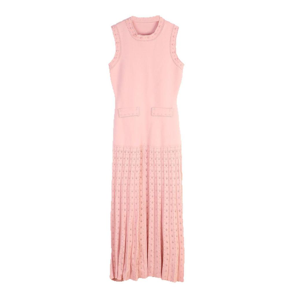 Elegant French Knitted Dress: Sleeveless, Beaded, Hollow-out Design, Slim Fit, Round Neck - Perfect for Spring/Summer