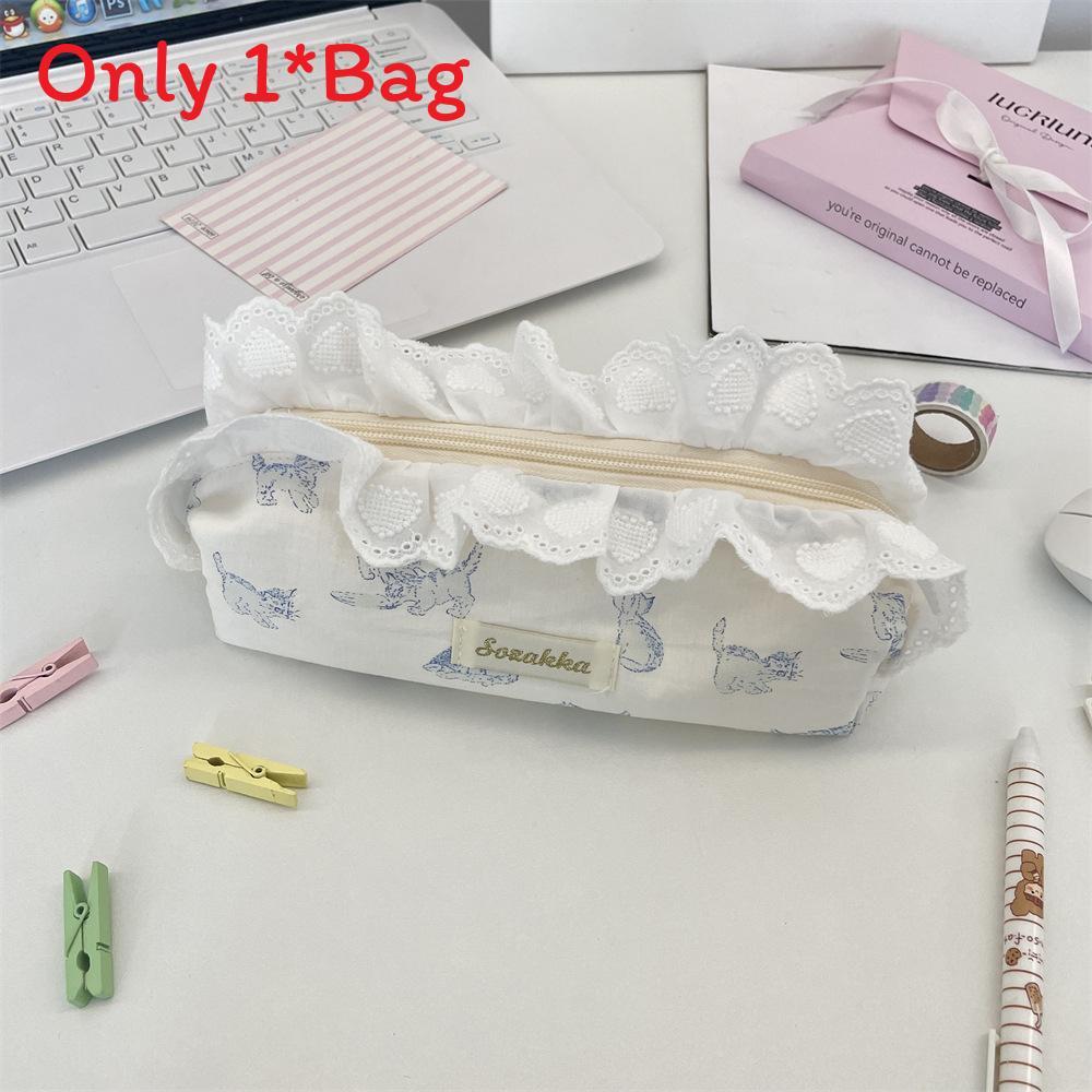 Cat Themed Pencil Case Large Capacity Organizer With Lace Print For Students And Office Use