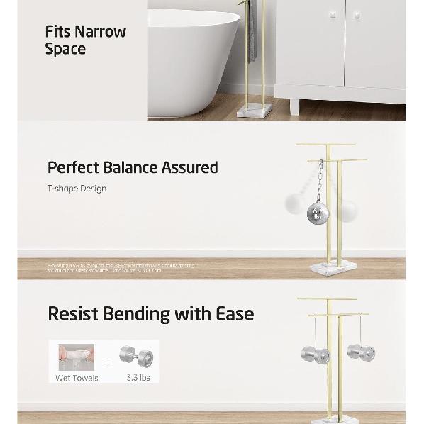 Gold,WEIDPHL Tall Standing Towel Rack, Double-T Shape Tall Bath Towel Sheet Holder with Marble Design Base, 2-Tier Towel Stand for Bathroom Floor,