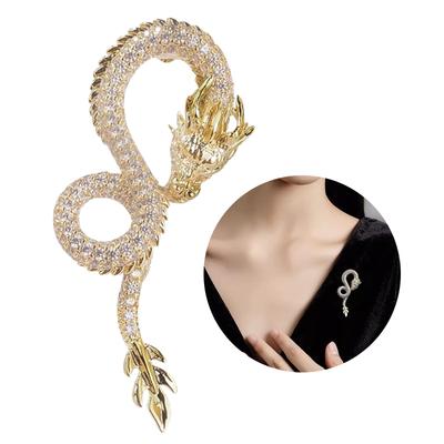 Chic Chinese Style Dragon Safety Pin Brooch Fashionable Alloy Dragon Brooch Crystal Lapel Pin Chinese Style Badge Charm