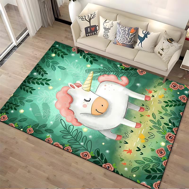 Cute Cartoon Unicorn Carpet with Green Floral Background Design Suitable for Use As an Anti-slip for Living Room Bedroom Sofas