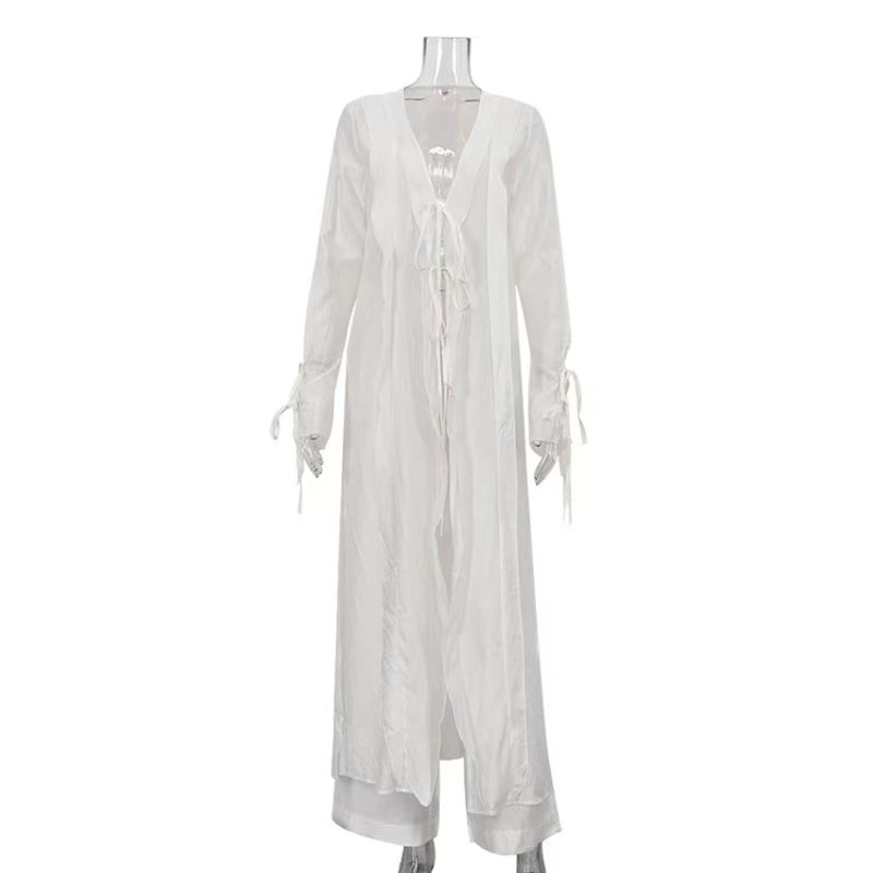 

Европейский и американский сексуальный прозрачный бандажный халат с брюками Сексуальный перспективный комплект халата с брюками White S