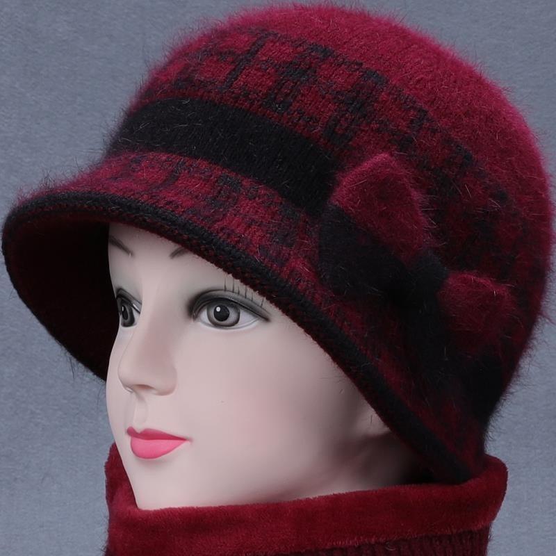 Hat Women's Autumn and Winter Fleece Big Eaves Knitted Hat Wool Hat Old Lady Thermos Hat