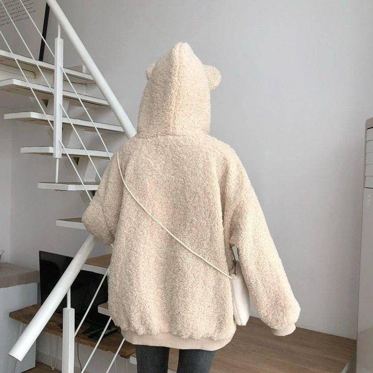 Winter Lamb Plush Coat Women's Teddy Bear Hoodie Women's Loose Jacket Women's College Style with Thickened Fleece