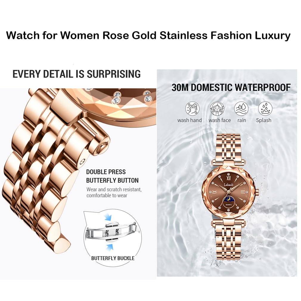 Rose Gold Watch with Brand Stainless Gift for Brown Women's Crystals, Stylish, Waterproof, Name, Business, Steel, Luxury, Cute, Her,