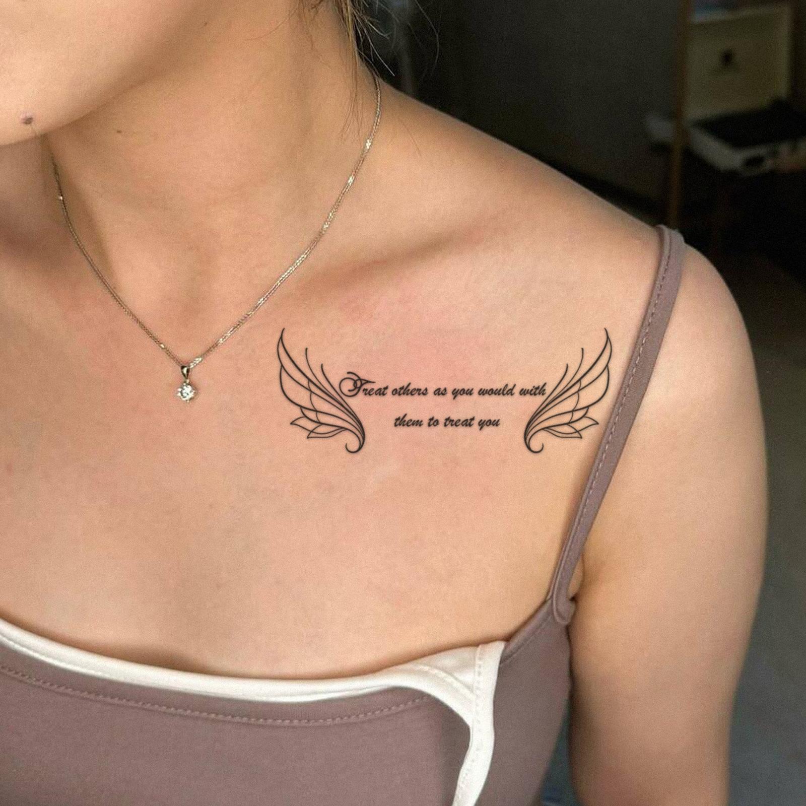 Glow Makeup Unisex Angel Wings English Clavicle Tattoo Sticker, Waterproof And Long-Lasting, Women's Chest Advanced Sense Simulation Tattoo