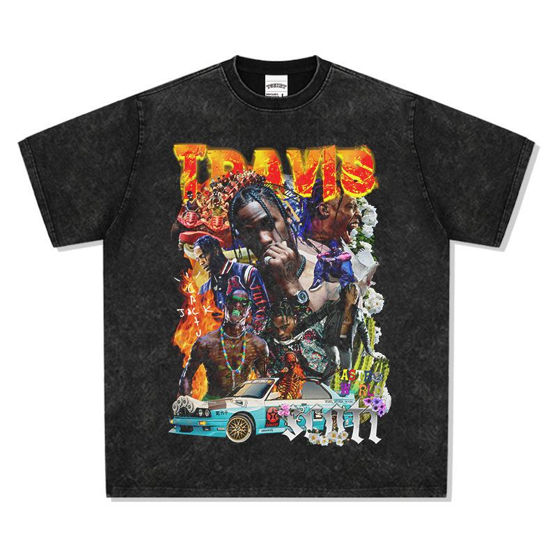 Vintage Hip Hop Travis Scott Print Short Sleeve T-Shirt Loose S промывают черный