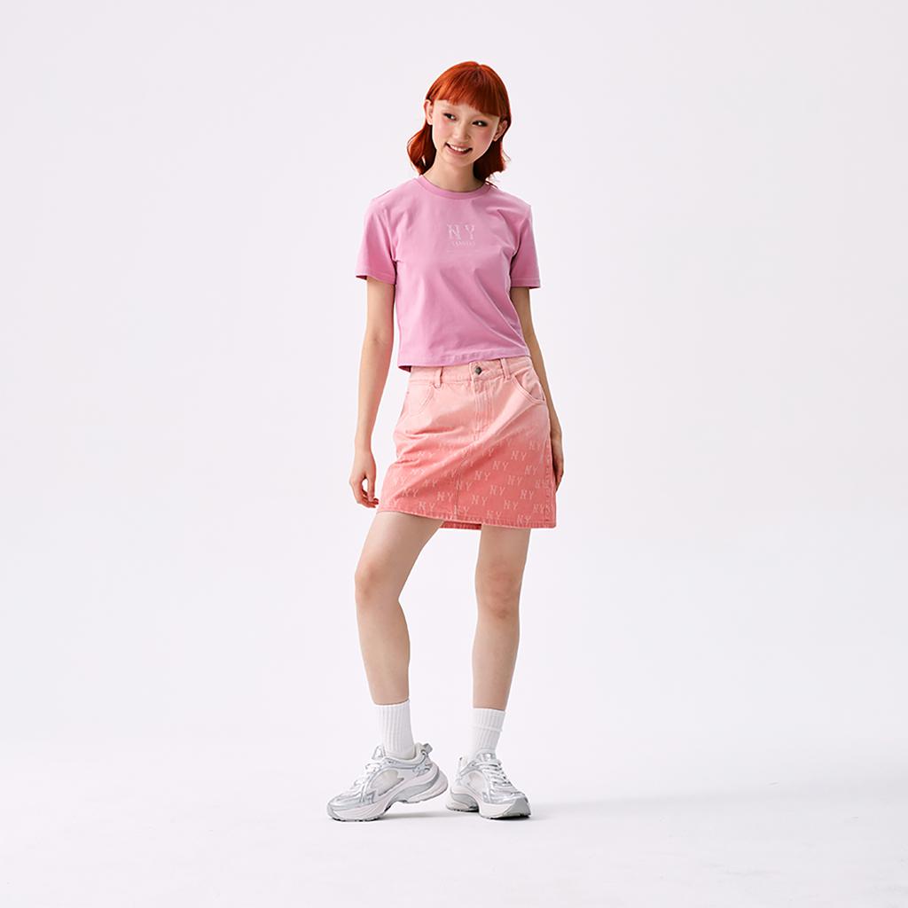 New MLB MONOGRAM Collection New York Yankees SS25 Denim Short Skirts Women's Pink 3FDSM0253-50PKS