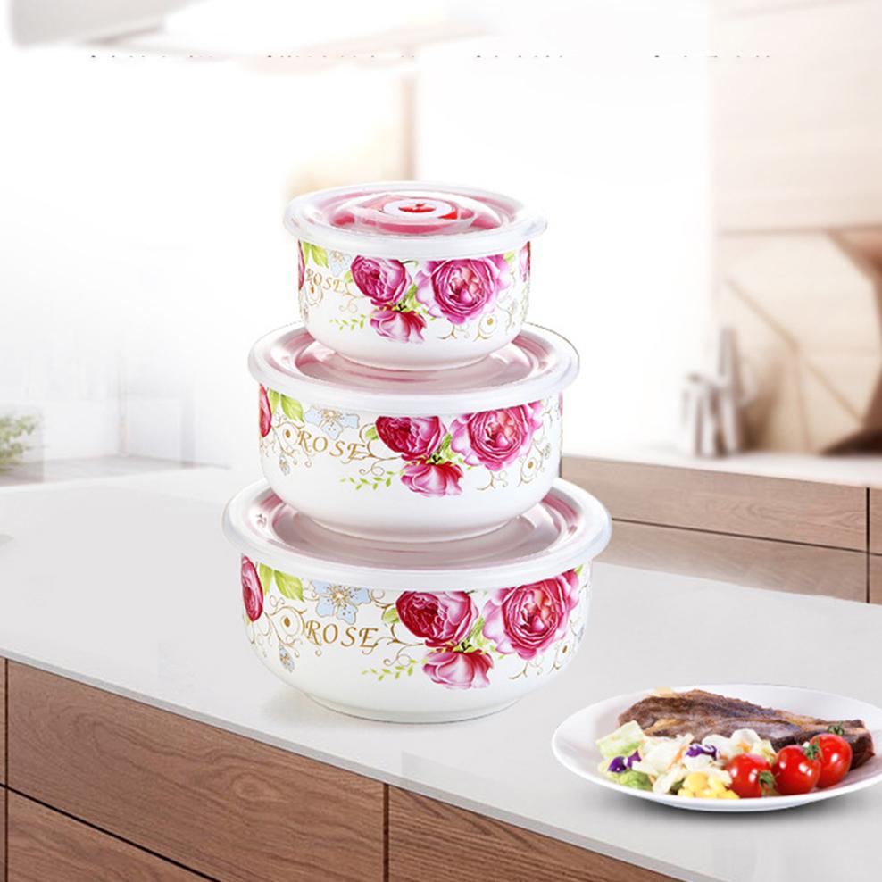 3-Piece Set Ceramic Fresh-Keeping Bowl With Lid For Microwave Oven Sealed Bowl Bone China Lunch Box For Home Kitchen