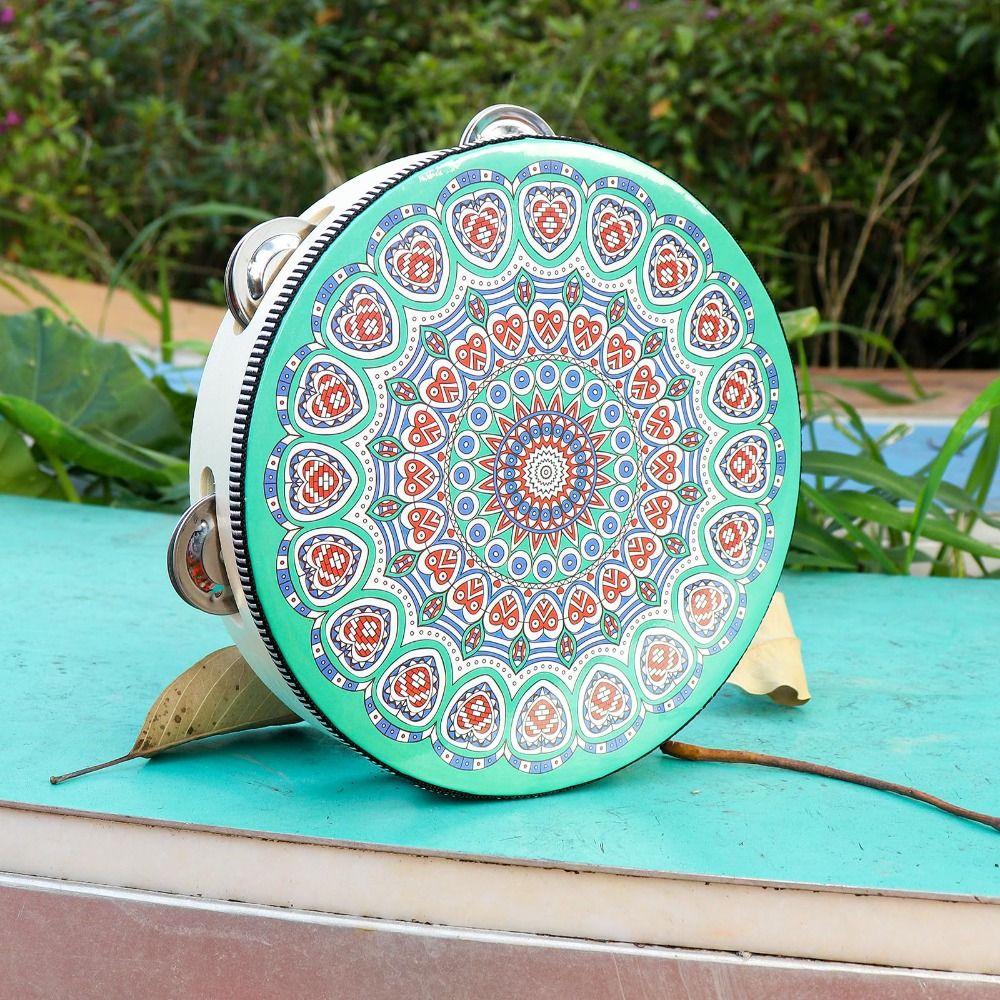 8 Inch Tambourine for Adults Metal Jingles Wooden Tambourine Handheld Drum  for Band Performance