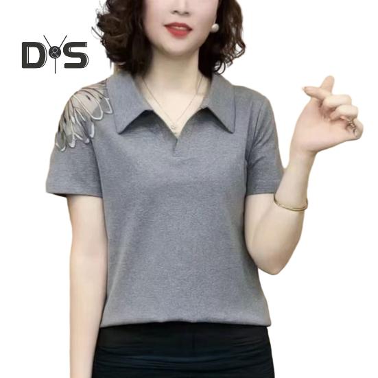 

Женские топы с лацканами, короткими рукавами, однотонные, свободные, футболки с ажурным кружевом, летние пуловеры, топы на каждый день L серый