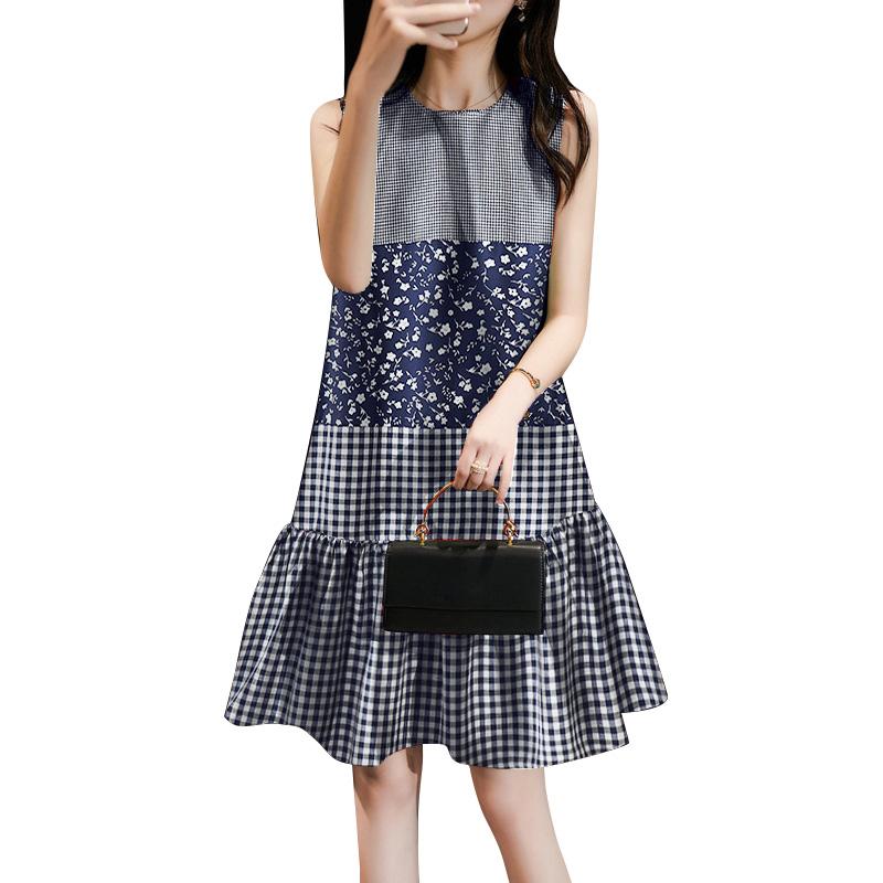 ZANZEA Women Floral Print Patchwork Summer Sleeveless Plaid Dress