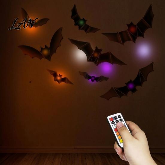 Night Glowing Atmosphere Lights 48Pcs Halloween Bats Wall Decor, LED Light Up Bats, 12 with Remote, Window Clings 6 Sizes 3D Stickers for Indoor Door
