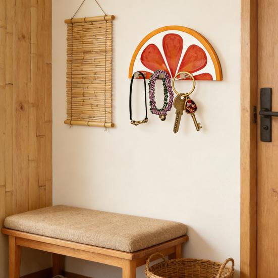 Wall-Mounted Key Hanger Semi-Circular Orange Slice Design Coat Hanger Entrance Key Hanger with 4 Hooks for Bedroom Bathroom