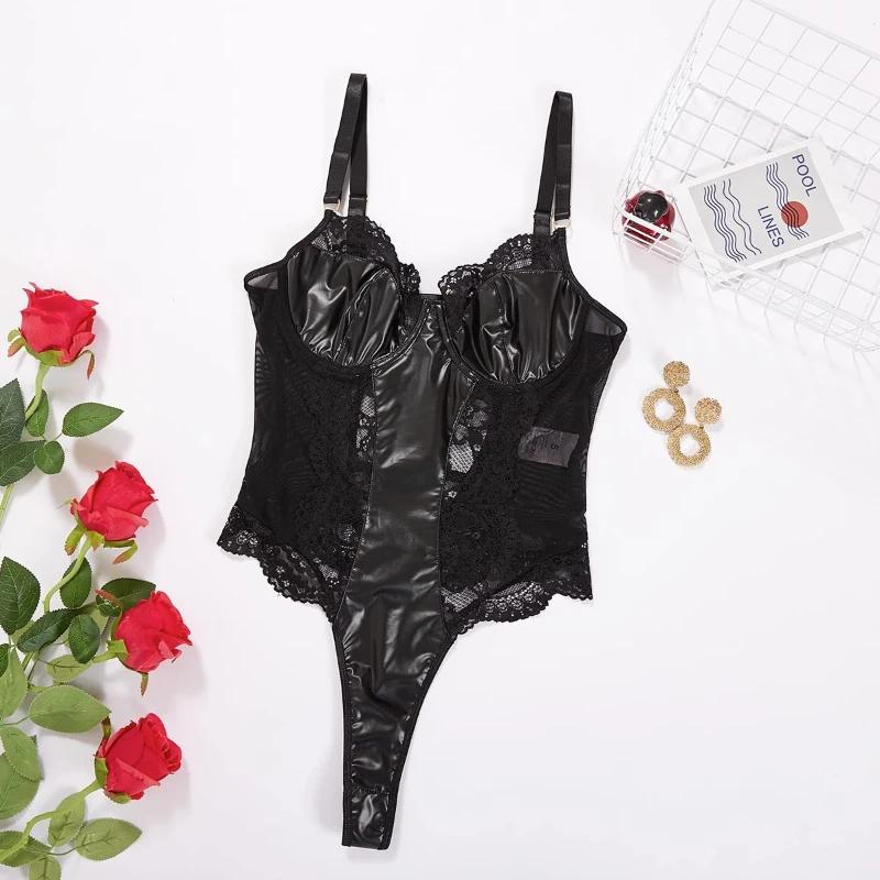 Adult Goods Costume Patent Leather Lace Cutout Bodysuit Corset for Women Sexy Nighties Lingerie Exotic Suits for Women Sexy Bras
