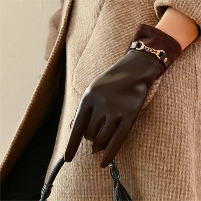 Fashion Fleece Lined Women's Gloves Windproof Protein Leather Five Finger Gloves Waterproof Korean Style Winter Gloves Cycling