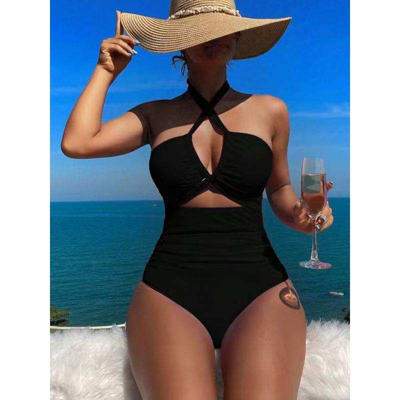 Damen Hohe Taille Einfarbige Rückenfreie Neckholder Einteiler Konservativer Sexy Badeanzug