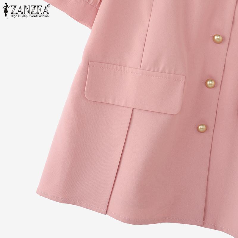 ZANZEA Women Casual Lapel Neck Short Sleeve Solid Color Office Short Blouse