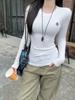 Women's Slim Fit Long Sleeve Embroidered Top - Round Neck, Elastic, Elegant Base Layer for Autumn & Winter