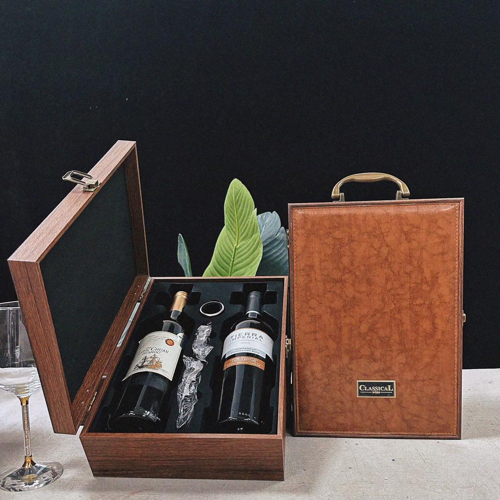 Single/Double Leather Box Wine Bottle Box Luxury Handle Wooden Organizer Gift Wood Wine Holder for 2 Red Wine Packaging