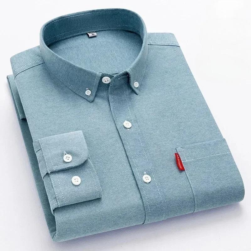 5XL 4XL Oxford 100% Pure Cotton Men's Solid Color Long Sleeve Shirt Casual Formal Large Size Blue White Shirt Men's Long Sleeve