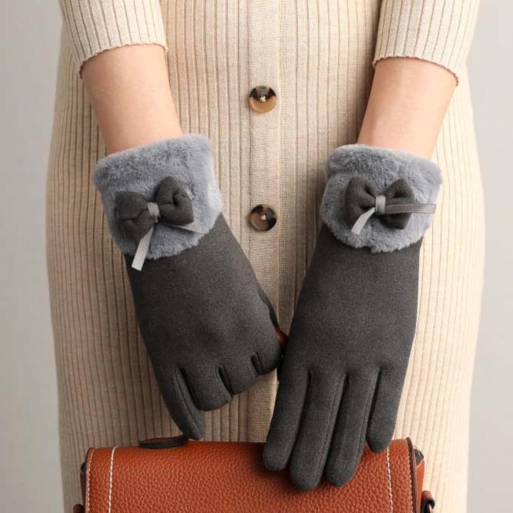 Plush Women Anti-cold Gloves Bow Windproof Finger Mittens For Gift Thickened Suede Gloves  Autumn