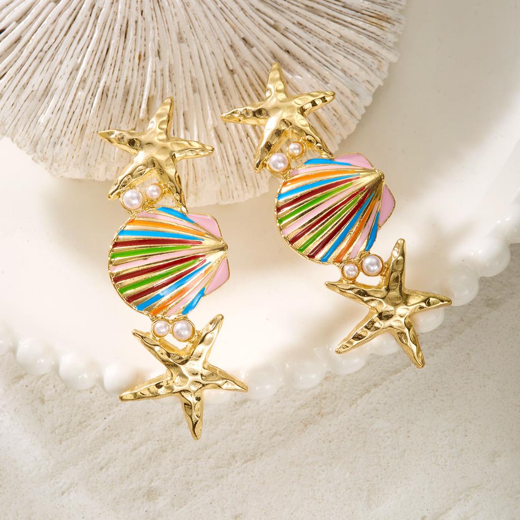 Colorful Enamel Shell Conch Starfish Imitation Pearl Earrings Ocean Style Vacation Accessory Women's Fashion Trend