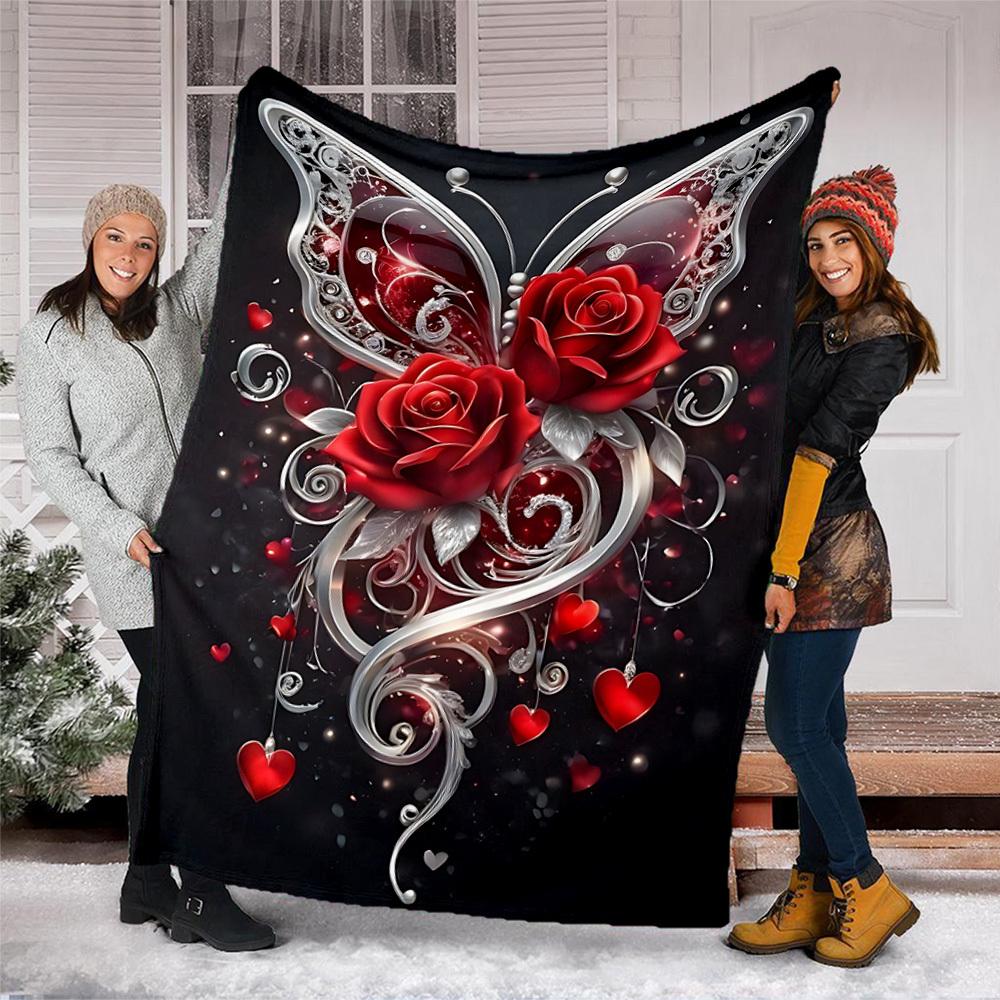 1 Stück Schmetterling Rosen Herz Outdoor Flanelldecke Weiche Ganzjahres Polyesterdecke, Perfekt für Picknicks & Reisen, Picknickzubehör