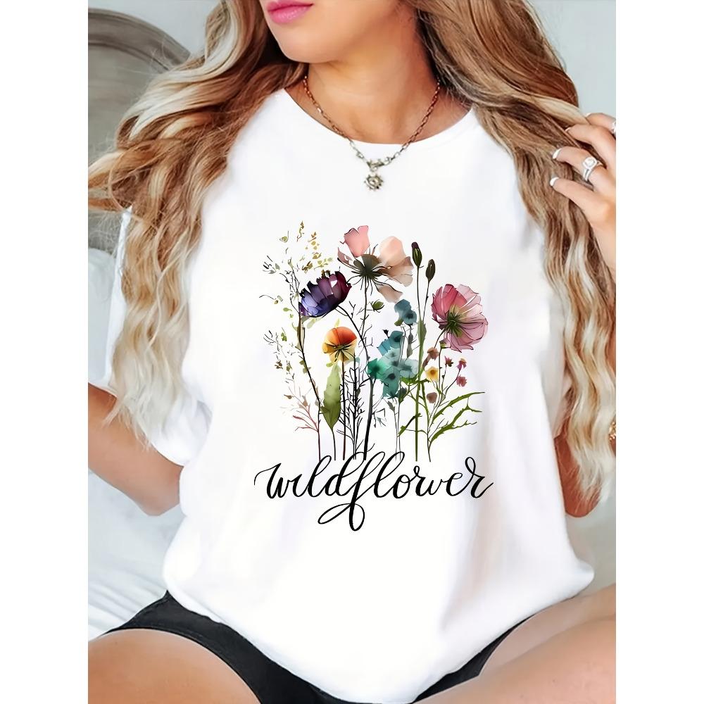 

Women Cotton Short Sleeves T-shirts Wildflower Watercolor Floral Women s Tee Casual White Graphic Top S