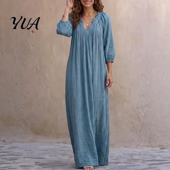 Spring Autumn Dresses Bohemian Ruffle V-Neck Long Dress, 3/4 Sleeves Maxi Dress for Comfortable Women Women, Solid Color Casual Loose Fall