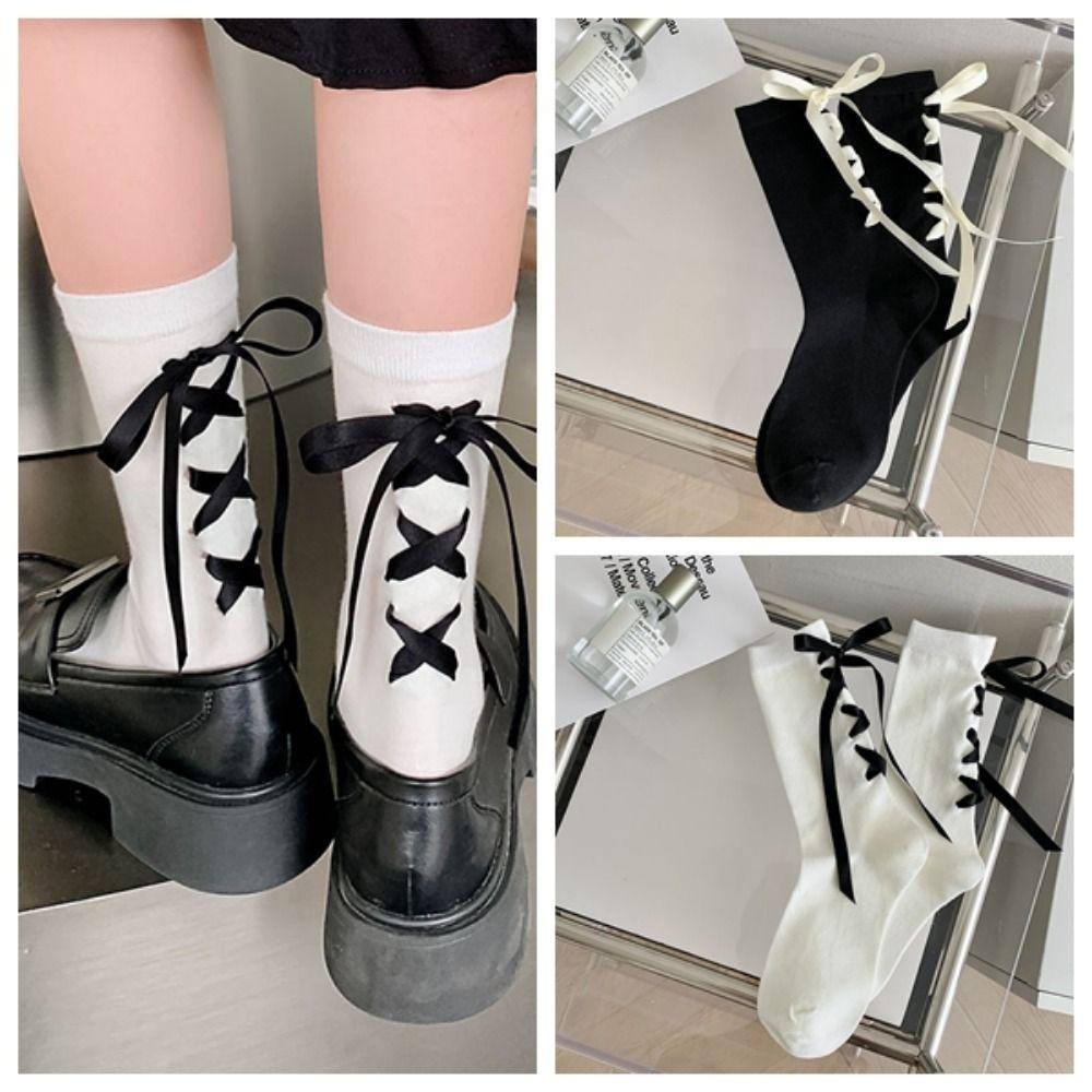 

Ribbon Lolita Stockings Thin Ties Stacked Socks Mid-tube Socks Bow Tie Socks Balletcore