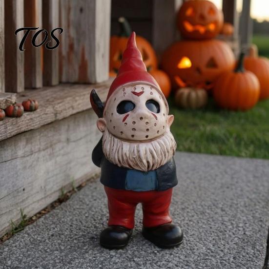 Decorative Halloween Party Favors Voorhees Resin Figurine, Cute Horror Hockey Mask Gnome Statue Hand Painted Art Pieces with Knife, Distressed
