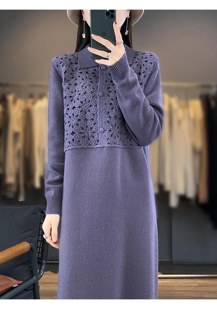 Floral Patchwork Crochet Shirt Collar Australian Wool Retro Long Skirt for Women - 2026 New Style.