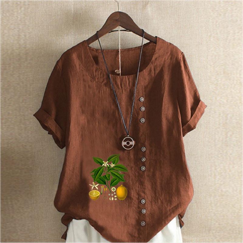 Women's Fashion Lemon Leaves Prined Round Neck Short Sleeve T-shirt Casual Cotton Linen Graphic Shirt Leisure Loose Summer Blouse Tops