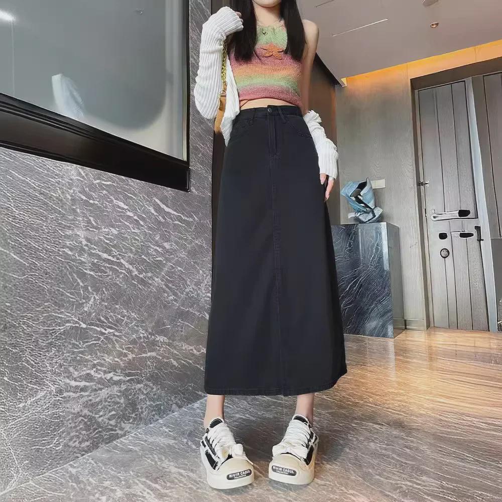 Women's Black High-Waist Slim A-Line Denim Skirt with Slit