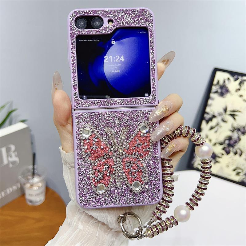 Tide Brand Glitter Is Suitable for Samsung ZFlip5 Mobile Phone Case, Folding Rhinestone Bow Zflip4/3 Portable Protective Case.