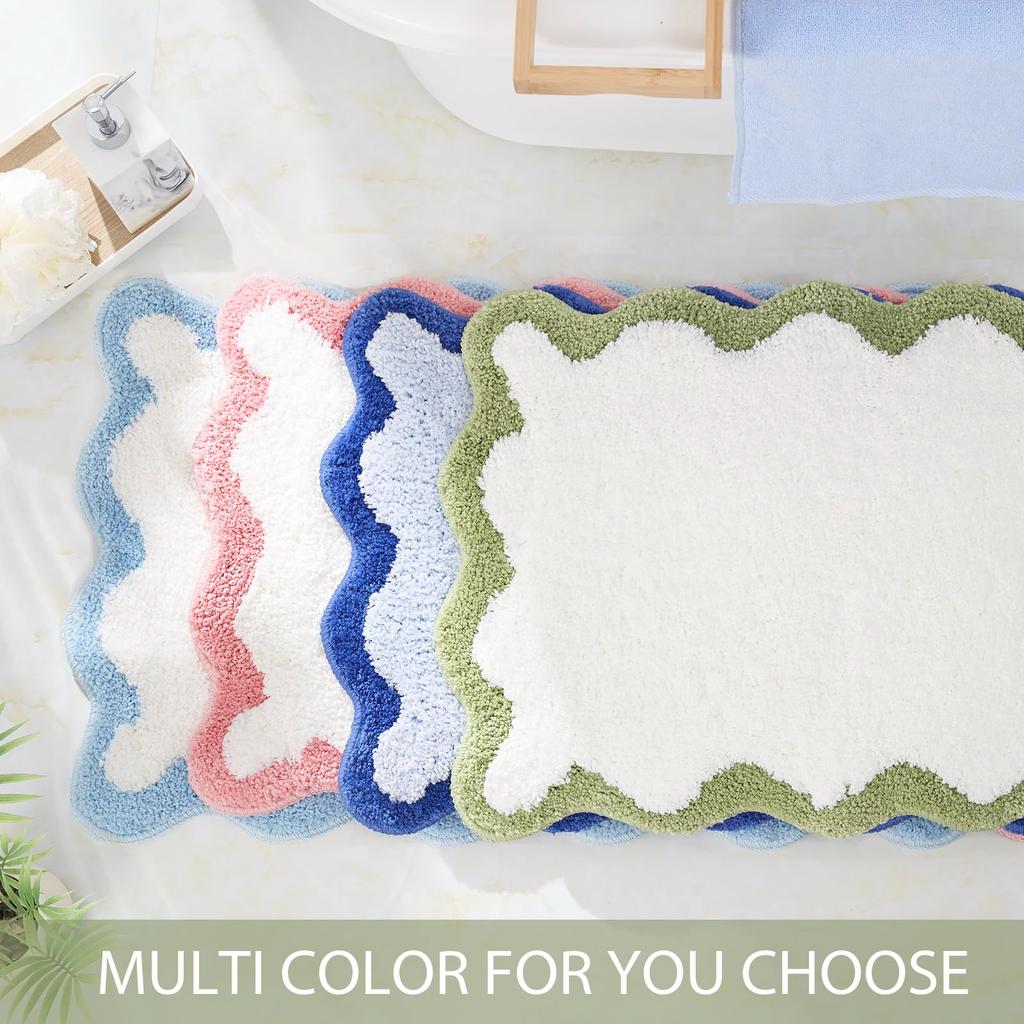 Luxury Cute Bathroom Rugs, White Bath Mat W/Blue Scalloped Edge, Microfiber Aesthetic Trendy Funky Fun Preppy Rug
