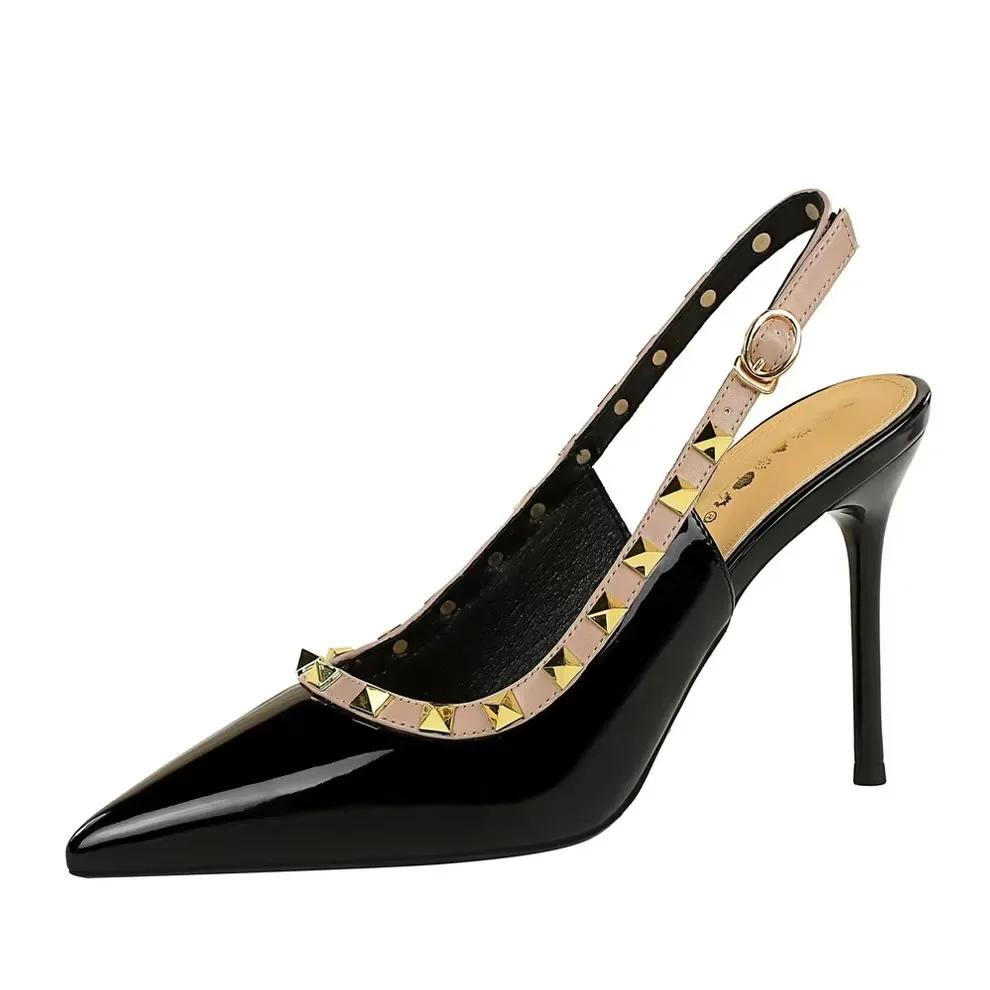 Fashion High Heels Stiletto Heel Super High Heel Patent Leather Studded Back Slip Strap Women's Singles