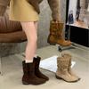 2025 New Thick Heel Pointed Western Boots Retro Tassel Medium Tube Thin Boots Versatile Suede Boots Women's Short Boots