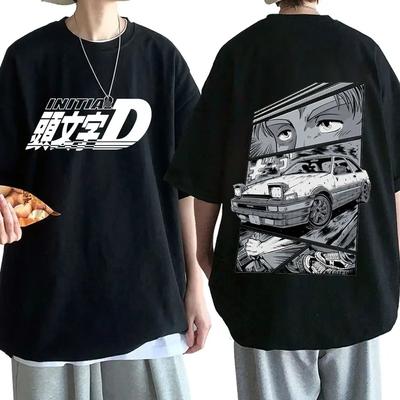 Pánské Anime Drift AE86 Initial D Oboustranné Tričko s O-výstřihem Krátký Rukáv Letní Ležérní Unisex R34 Skyline GTR JDM Manga Trička