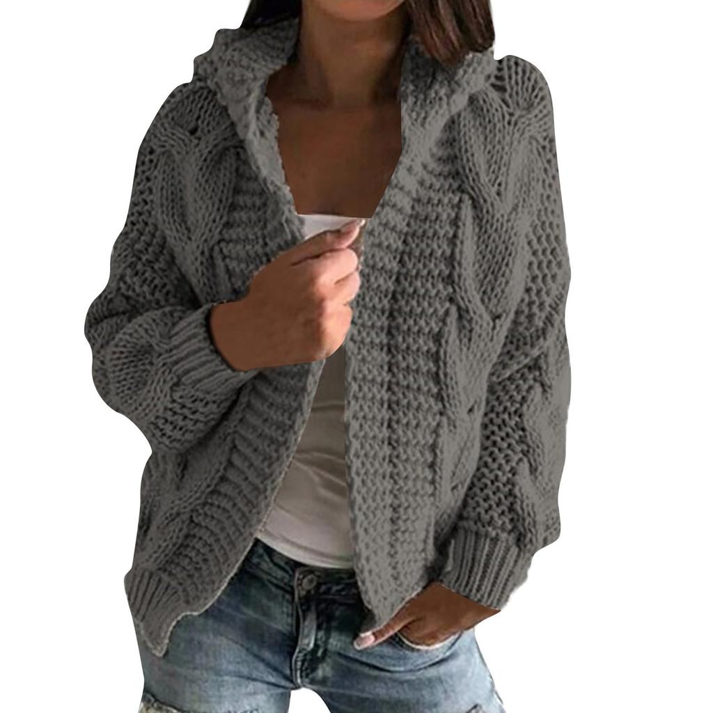 Women's Autmn And Winter Hooded Jacket Solid Color Knitted Cardigan Sweater