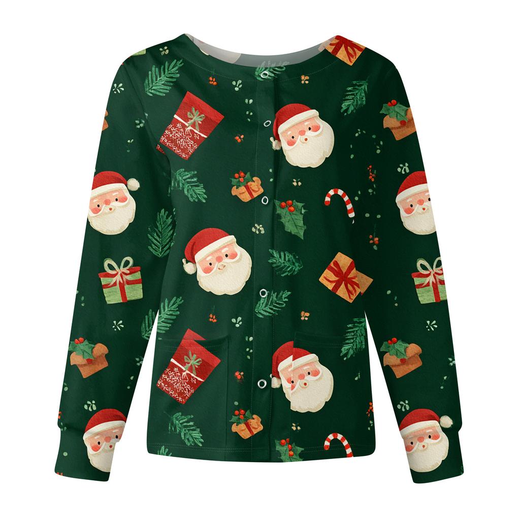 Women's Casual Fashion Long Sleeve Standing Collar Single Breasted Christmas Print Workwear Jacket Tops
