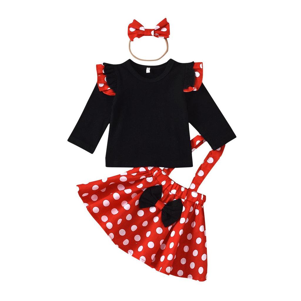 Little Girl Princess Outfit: Black Puff Sleeve Top, Polka Dot Overalls Skirt, and Bow Headband Set
