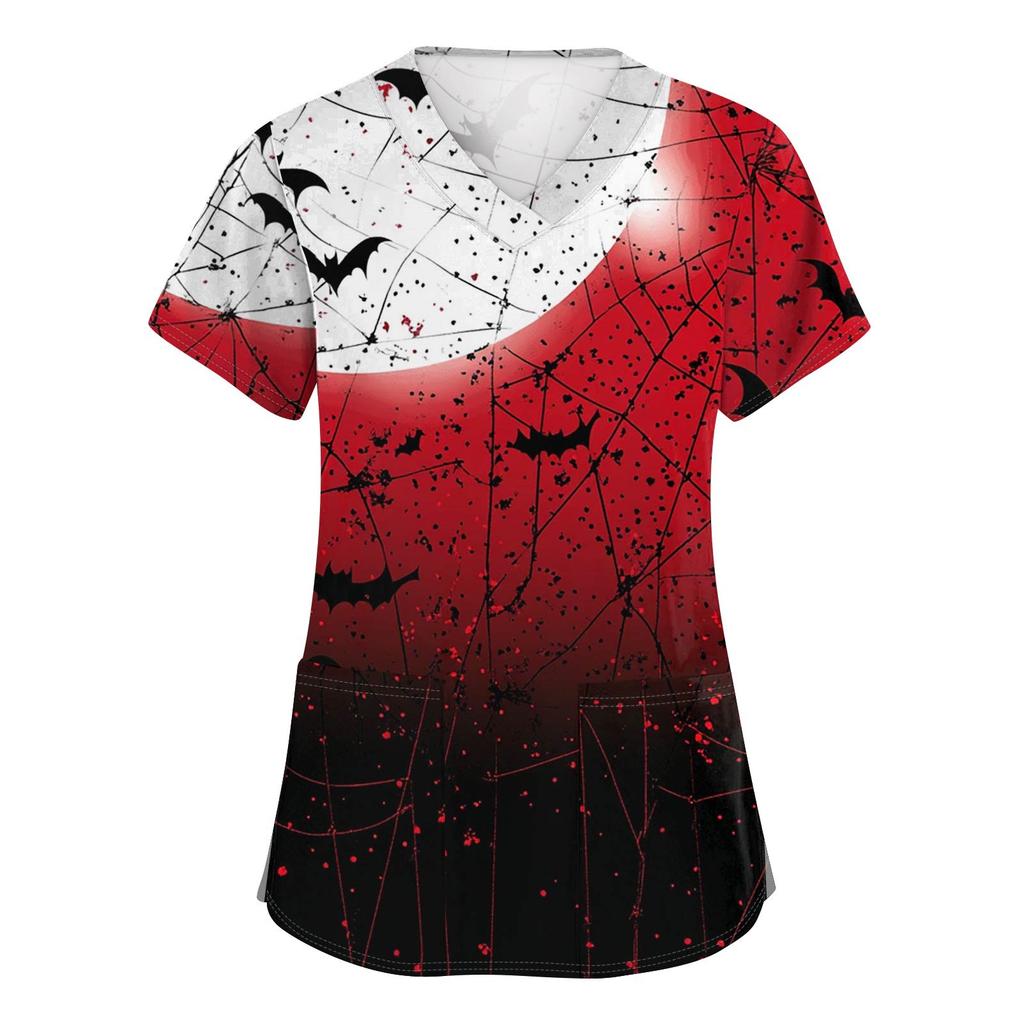 Women's Fashion V-neck Short-sleeved Work Uniform With Pockets, Halloween Print Top
