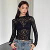 New Women's Small Stand-up Collar Transparent Lace Tight Long-sleeved T-shirt Tops for Women