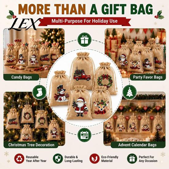 Small Fabric Gift Packaging Christmas Jute Burlap Bags, Drawstring Treat Candy Pouches Bag, Reusable Linen Pouch for Holiday Party Favors Decor